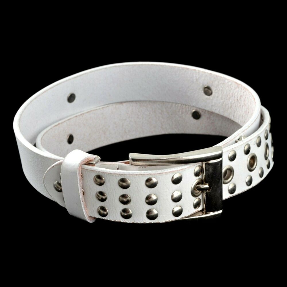 White Leather Belt Chrome Studs With Crosses Metal Buckle Unisex Cosplay